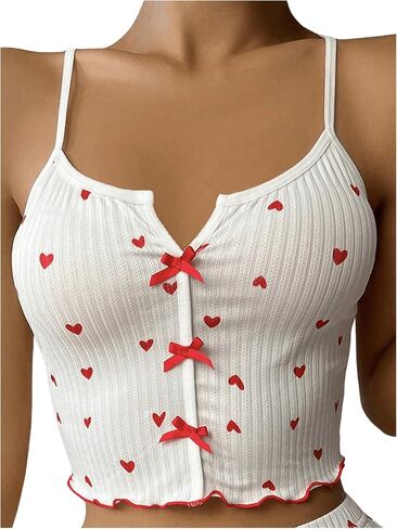 Milumia Women's Heart Print Bow Front Spaghetti Straps Crisscross Cami Pajama Tops in Saudi Arabia
