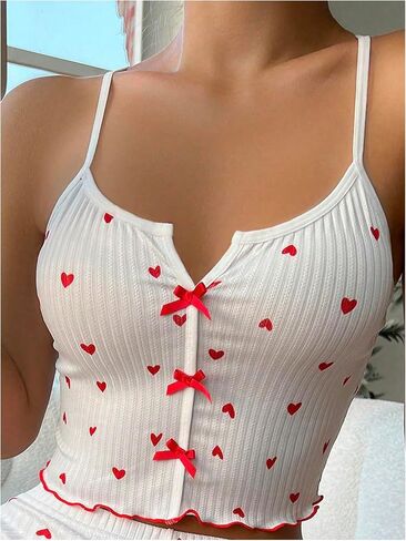Milumia Women's Heart Print Bow Front Spaghetti Straps Crisscross Cami Pajama Tops in Saudi Arabia