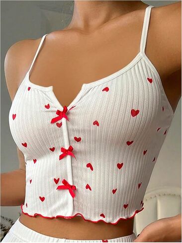 Milumia Women's Heart Print Bow Front Spaghetti Straps Crisscross Cami Pajama Tops in Saudi Arabia