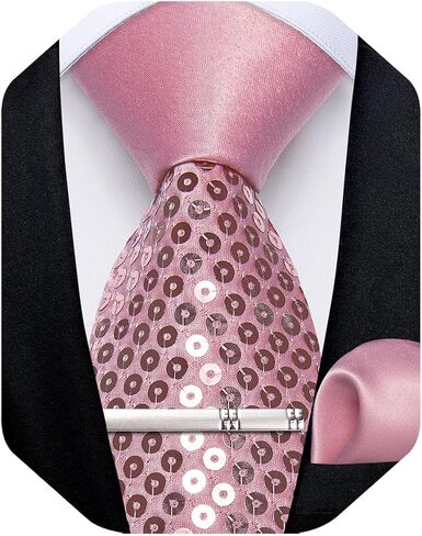 DiBanGu Mens Sequin Tie Set Solid Color Necktie and Pocket Square Tie Clip Set Shiny Slim Ties for Wedding Party in Saudi Arabia