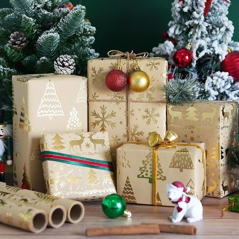 Christmas Wrapping Paper - 3 Mini Rolls, Metallic Gold Foil Kraft Wrapping Paper with Reindeer Christmas Tree Design, Brown Kraft Wrapping Paper for Christmas Holiday, 17 Inch X 118 Inch per Roll in Kuwait