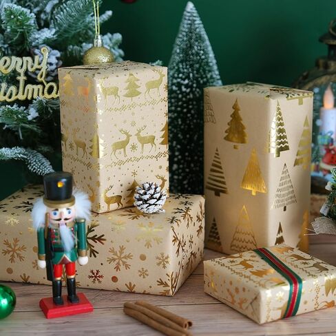 Christmas Wrapping Paper - 3 Mini Rolls, Metallic Gold Foil Kraft Wrapping Paper with Reindeer Christmas Tree Design, Brown Kraft Wrapping Paper for Christmas Holiday, 17 Inch X 118 Inch per Roll in Kuwait