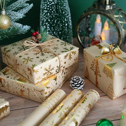 Christmas Wrapping Paper - 3 Mini Rolls, Metallic Gold Foil Kraft Wrapping Paper with Reindeer Christmas Tree Design, Brown Kraft Wrapping Paper for Christmas Holiday, 17 Inch X 118 Inch per Roll in Kuwait