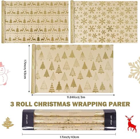 Christmas Wrapping Paper - 3 Mini Rolls, Metallic Gold Foil Kraft Wrapping Paper with Reindeer Christmas Tree Design, Brown Kraft Wrapping Paper for Christmas Holiday, 17 Inch X 118 Inch per Roll in Kuwait