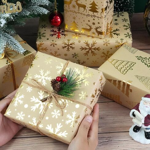 Christmas Wrapping Paper - 3 Mini Rolls, Metallic Gold Foil Kraft Wrapping Paper with Reindeer Christmas Tree Design, Brown Kraft Wrapping Paper for Christmas Holiday, 17 Inch X 118 Inch per Roll in Kuwait