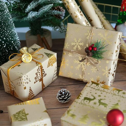 Christmas Wrapping Paper - 3 Mini Rolls, Metallic Gold Foil Kraft Wrapping Paper with Reindeer Christmas Tree Design, Brown Kraft Wrapping Paper for Christmas Holiday, 17 Inch X 118 Inch per Roll in Kuwait
