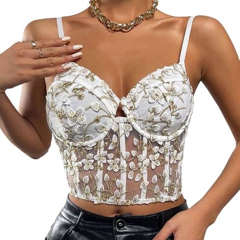 Aularso Women's Floral Lace Corset Top Strap Sleeveless Slim Fit Crop Top Open Back Boned Mesh V Neck Top Party Corset Top in Kuwait
