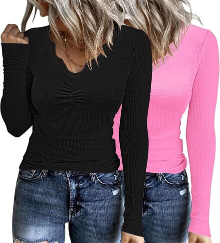 Women's Long Sleeve Ribbed Knit Tops Front Ruched Henley Shirts Button Up Lace V Neck Blouses Tee in Saudi Arabia