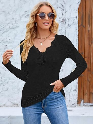 Women's Long Sleeve Ribbed Knit Tops Front Ruched Henley Shirts Button Up Lace V Neck Blouses Tee in Saudi Arabia