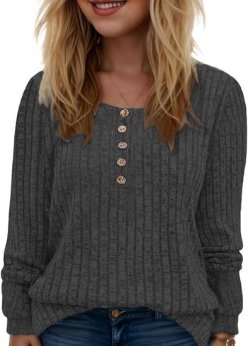 ROSRISS Womens-Plus-Size-Tops Trendy Long Sleeve Henley Shirts Casual Ribbed Knit Tunics Dressy Crewneck Pullover Sweaters in Kuwait
