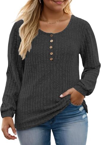 ROSRISS Womens-Plus-Size-Tops Trendy Long Sleeve Henley Shirts Casual Ribbed Knit Tunics Dressy Crewneck Pullover Sweaters in Kuwait