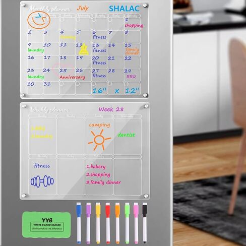 Acrylic Magnetic Calendar 2 Pcs, 16"x12" Monthly Calendar & Weekly Calendar Whiteboard, Dry Erase Board for Fridge, Reusable Portable Planner with 8 Markers and 1 Eraser (White) in Saudi Arabia