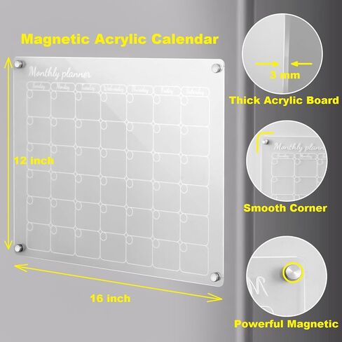 Acrylic Magnetic Calendar 2 Pcs, 16"x12" Monthly Calendar & Weekly Calendar Whiteboard, Dry Erase Board for Fridge, Reusable Portable Planner with 8 Markers and 1 Eraser (White) in Saudi Arabia