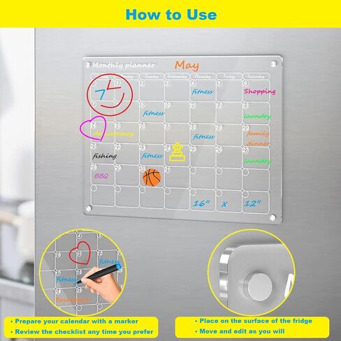 Acrylic Magnetic Calendar 2 Pcs, 16"x12" Monthly Calendar & Weekly Calendar Whiteboard, Dry Erase Board for Fridge, Reusable Portable Planner with 8 Markers and 1 Eraser (White) in Saudi Arabia