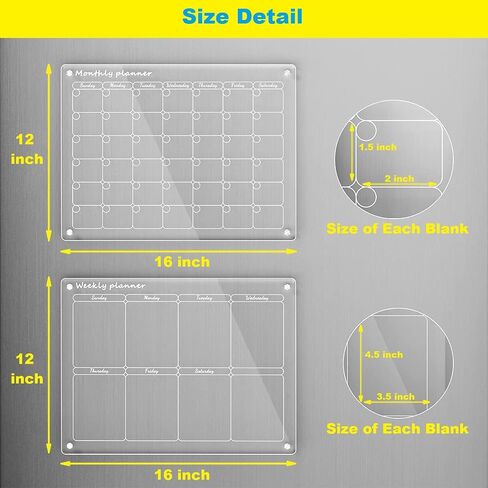 Acrylic Magnetic Calendar 2 Pcs, 16"x12" Monthly Calendar & Weekly Calendar Whiteboard, Dry Erase Board for Fridge, Reusable Portable Planner with 8 Markers and 1 Eraser (White) in Saudi Arabia
