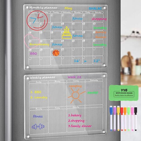 Acrylic Magnetic Calendar 2 Pcs, 16"x12" Monthly Calendar & Weekly Calendar Whiteboard, Dry Erase Board for Fridge, Reusable Portable Planner with 8 Markers and 1 Eraser (White) in Saudi Arabia