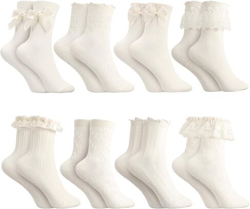 8 أزواج من الجوارب الدانتيل المكشكشة للنساء، جوارب كاحل مكشكشة على شكل فيونكة، جوارب كاجوال قطنية لطيفة للسيدات باللون الأبيض in Kuwait