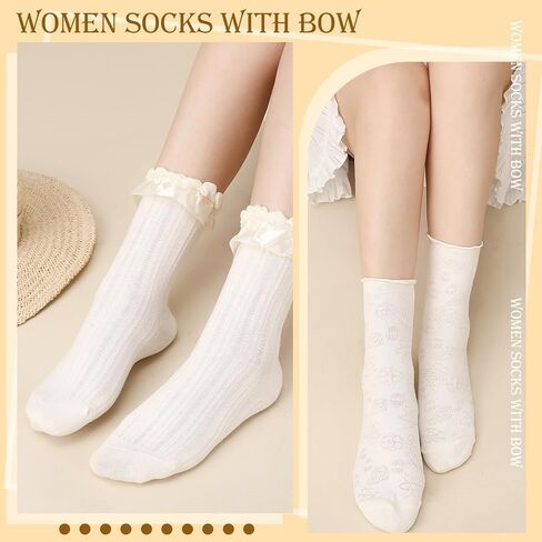 8 أزواج من الجوارب الدانتيل المكشكشة للنساء، جوارب كاحل مكشكشة على شكل فيونكة، جوارب كاجوال قطنية لطيفة للسيدات باللون الأبيض in Kuwait