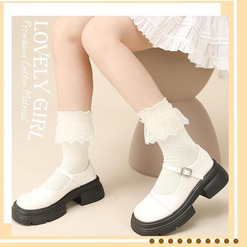 8 أزواج من الجوارب الدانتيل المكشكشة للنساء، جوارب كاحل مكشكشة على شكل فيونكة، جوارب كاجوال قطنية لطيفة للسيدات باللون الأبيض in Kuwait