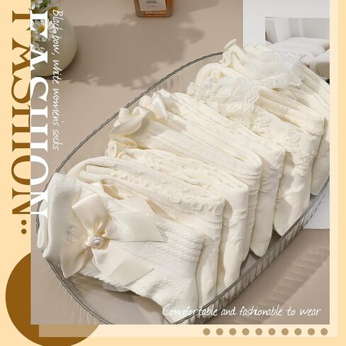 8 أزواج من الجوارب الدانتيل المكشكشة للنساء، جوارب كاحل مكشكشة على شكل فيونكة، جوارب كاجوال قطنية لطيفة للسيدات باللون الأبيض in Kuwait