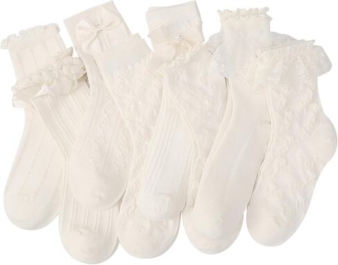 8 أزواج من الجوارب الدانتيل المكشكشة للنساء، جوارب كاحل مكشكشة على شكل فيونكة، جوارب كاجوال قطنية لطيفة للسيدات باللون الأبيض in Kuwait