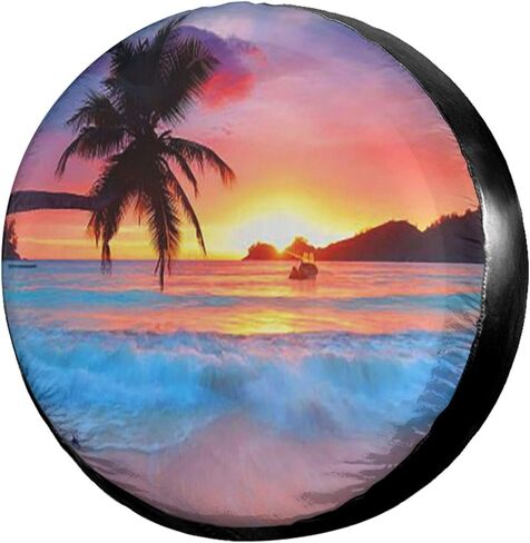 غطاء الإطار الاحتياطي لشجرة النخيل الاستوائية من KiuLoam Ocean Sunrise من البوليستر، أغطية عجلات مقاومة للماء للوقاية من الشمس العالمية للمقطورة Rv SUV والعديد من المركبات (16 بوصة للقطر 29 بوصة - 31 بوصة) in Kuwait