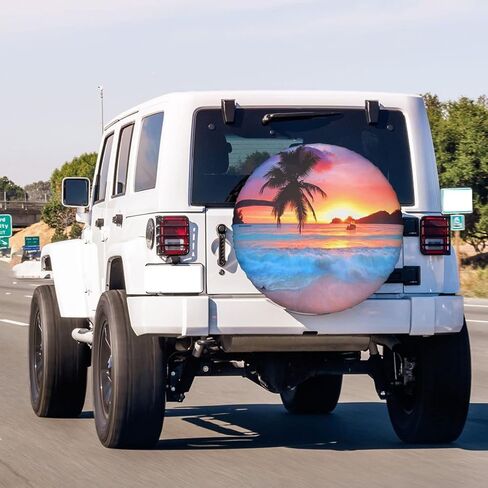 غطاء الإطار الاحتياطي لشجرة النخيل الاستوائية من KiuLoam Ocean Sunrise من البوليستر، أغطية عجلات مقاومة للماء للوقاية من الشمس العالمية للمقطورة Rv SUV والعديد من المركبات (16 بوصة للقطر 29 بوصة - 31 بوصة) in Kuwait