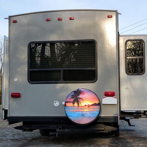 غطاء الإطار الاحتياطي لشجرة النخيل الاستوائية من KiuLoam Ocean Sunrise من البوليستر، أغطية عجلات مقاومة للماء للوقاية من الشمس العالمية للمقطورة Rv SUV والعديد من المركبات (16 بوصة للقطر 29 بوصة - 31 بوصة) in Kuwait