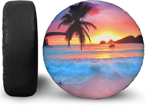 غطاء الإطار الاحتياطي لشجرة النخيل الاستوائية من KiuLoam Ocean Sunrise من البوليستر، أغطية عجلات مقاومة للماء للوقاية من الشمس العالمية للمقطورة Rv SUV والعديد من المركبات (16 بوصة للقطر 29 بوصة - 31 بوصة) in Kuwait