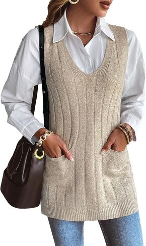GORGLITTER Women's Textured V Neck Sweater Vests Sleeveless Dual Pocket Knit Tank Tops in Saudi Arabia