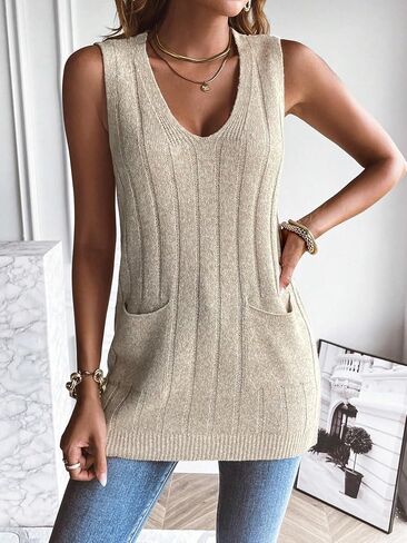 GORGLITTER Women's Textured V Neck Sweater Vests Sleeveless Dual Pocket Knit Tank Tops in Saudi Arabia