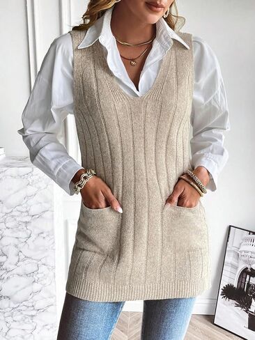 GORGLITTER Women's Textured V Neck Sweater Vests Sleeveless Dual Pocket Knit Tank Tops in Saudi Arabia