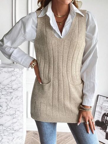 GORGLITTER Women's Textured V Neck Sweater Vests Sleeveless Dual Pocket Knit Tank Tops in Saudi Arabia