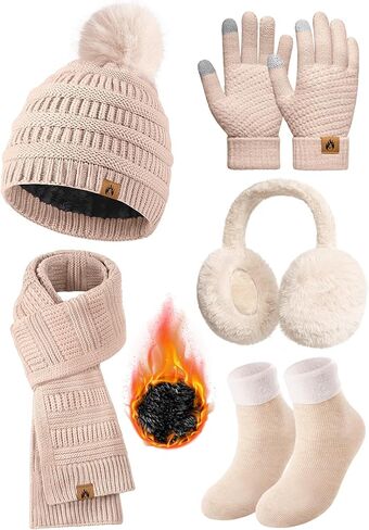 Womens Winter Beanie Hat Scarf Gloves Set Fleece Hat Long Scarf Neck Warmer Ear muffs Fuzzy Socks 5 in 1 Knit Sets in Kuwait