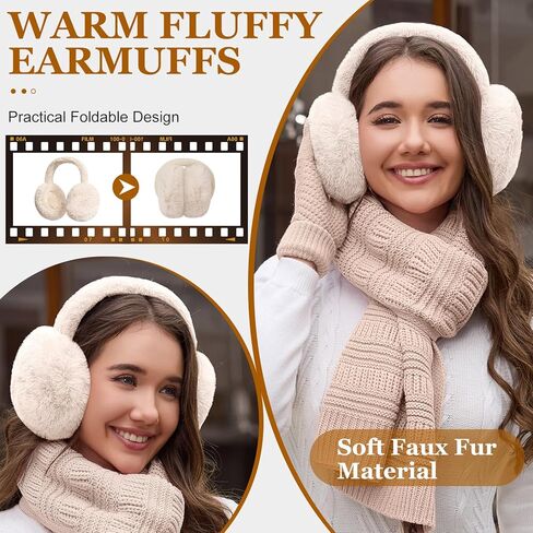 Womens Winter Beanie Hat Scarf Gloves Set Fleece Hat Long Scarf Neck Warmer Ear muffs Fuzzy Socks 5 in 1 Knit Sets in Kuwait