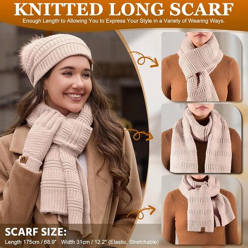 Womens Winter Beanie Hat Scarf Gloves Set Fleece Hat Long Scarf Neck Warmer Ear muffs Fuzzy Socks 5 in 1 Knit Sets in Kuwait