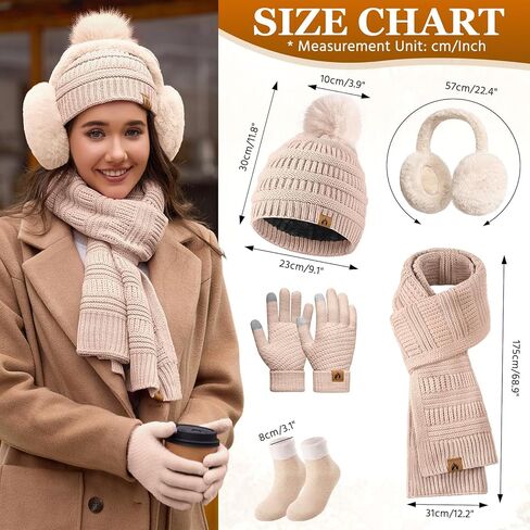 Womens Winter Beanie Hat Scarf Gloves Set Fleece Hat Long Scarf Neck Warmer Ear muffs Fuzzy Socks 5 in 1 Knit Sets in Kuwait