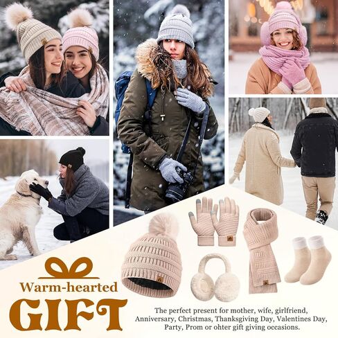 Womens Winter Beanie Hat Scarf Gloves Set Fleece Hat Long Scarf Neck Warmer Ear muffs Fuzzy Socks 5 in 1 Knit Sets in Kuwait