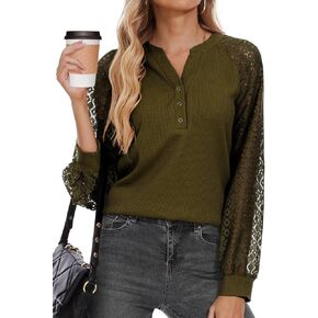Women Long Sleeve Tops Casual Lace T-shirt V Neck Loose Blouse Business Dressy Tee Shirt Knitted Tops