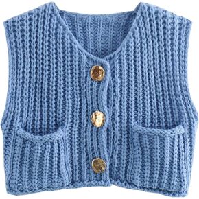 Lucrosun Women's Chunky Knit Vest Button Down Sleeveless Cropped Sweater Vest