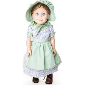 THE QUEEN'S TREASURES 18 Inch Doll Clothes, Little House on The Prairie 3 Piece Purple and Green Calico Summer Dress, Hat, and Apron, Compatible for Use with American Girl Dolls