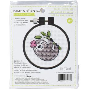 DIMENSIONS Smiling Sloth Counted Cross Stitch Kit for Beginners, 11 Ct. White Aida Cloth, Finished Project 3" Diameter, Multicolor 5 Piece in Kuwait