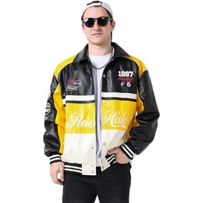 Mens Leather Varsity Jackets Vintage Graphic Racing Motorcycle Bomber Jackets Loose Streetwear Coats Fall&winter