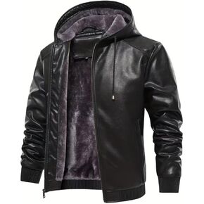 INVACHI Men's Waterproof PU Leather Bomber Motorcycle Jacket with Hood and Stylish Faux Fleece Lining
