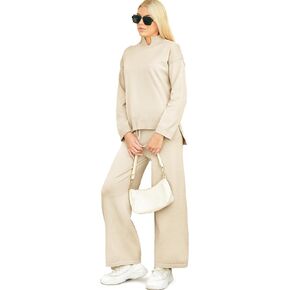 Women's 2 Piece Sweater sets Outfits High Neck Long Sleeve Sweater Lounge Pullover Tops Knit Wide Leg Pants set Fall