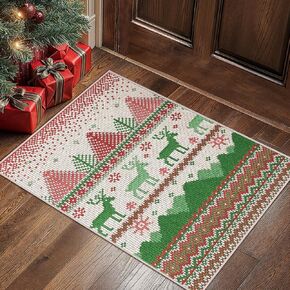 Christmas Runner Rug 2x5 Washable Rug for Entryway Hallway Kitchen Bedroom, Christmas Home Decor, Holiday Print Carpet, Low Pile Mat with Non Slip Backing, Red Striped Plaid Print