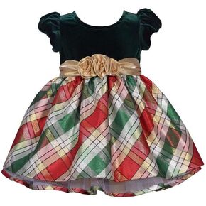 Bonnie Jean Girl's Christmas Dress - Green Holiday Plaid Dress for Baby, Toddler and Little Girls