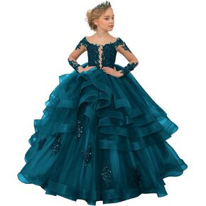 Long Sleeve Flower Girl Dresses Girls Lace Applique Princess Ruffles Pageant Dress Tulle Long Party Ball Gown