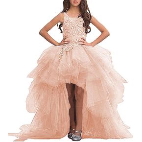 High Low Flower Girl Dresses Appliques Tulle Communion Party Princess Wedding Pageant Ball Gown Dress