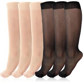 6 Pairs Knee High Stockings for Women, Elastic Sheer Nylon Socks with Reinforced Toe Toes Nude Black One Size